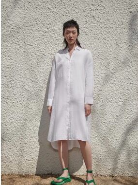 Zara White Linen Button-Down Shirt Dress